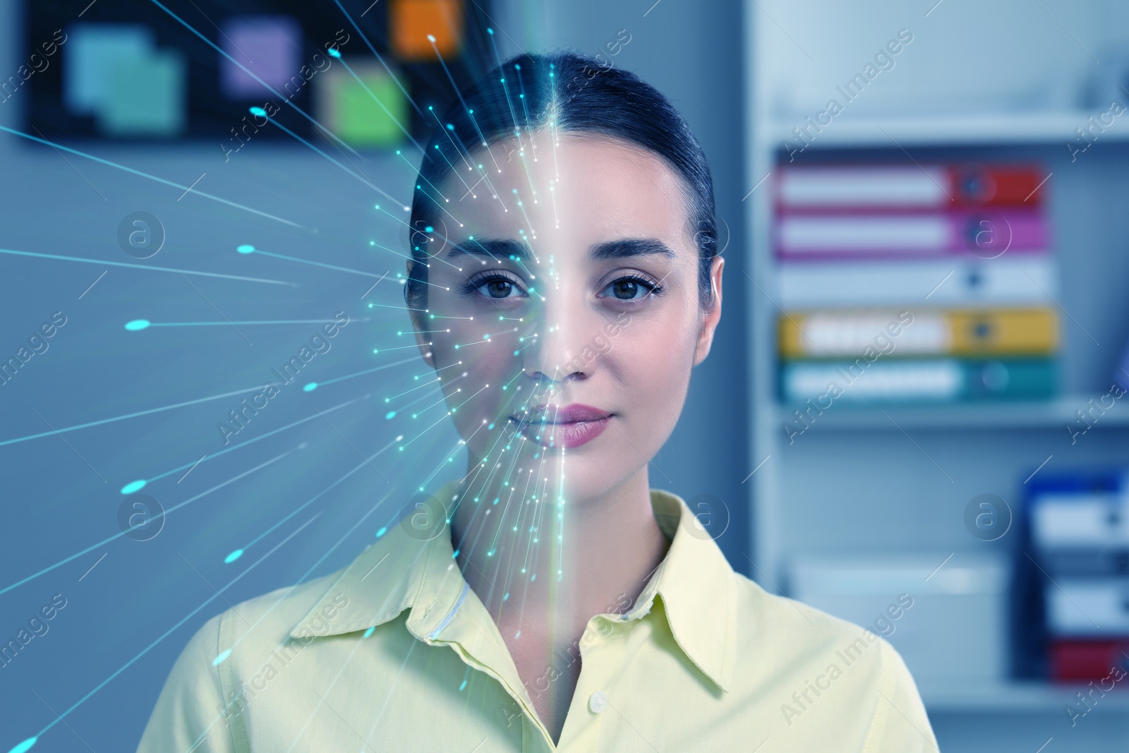 Image of Facial recognition system. Woman undergoing biometric verification in office