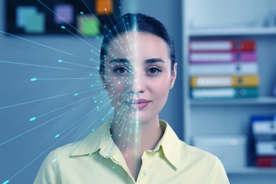 Image of Facial recognition system. Woman undergoing biometric verification in office