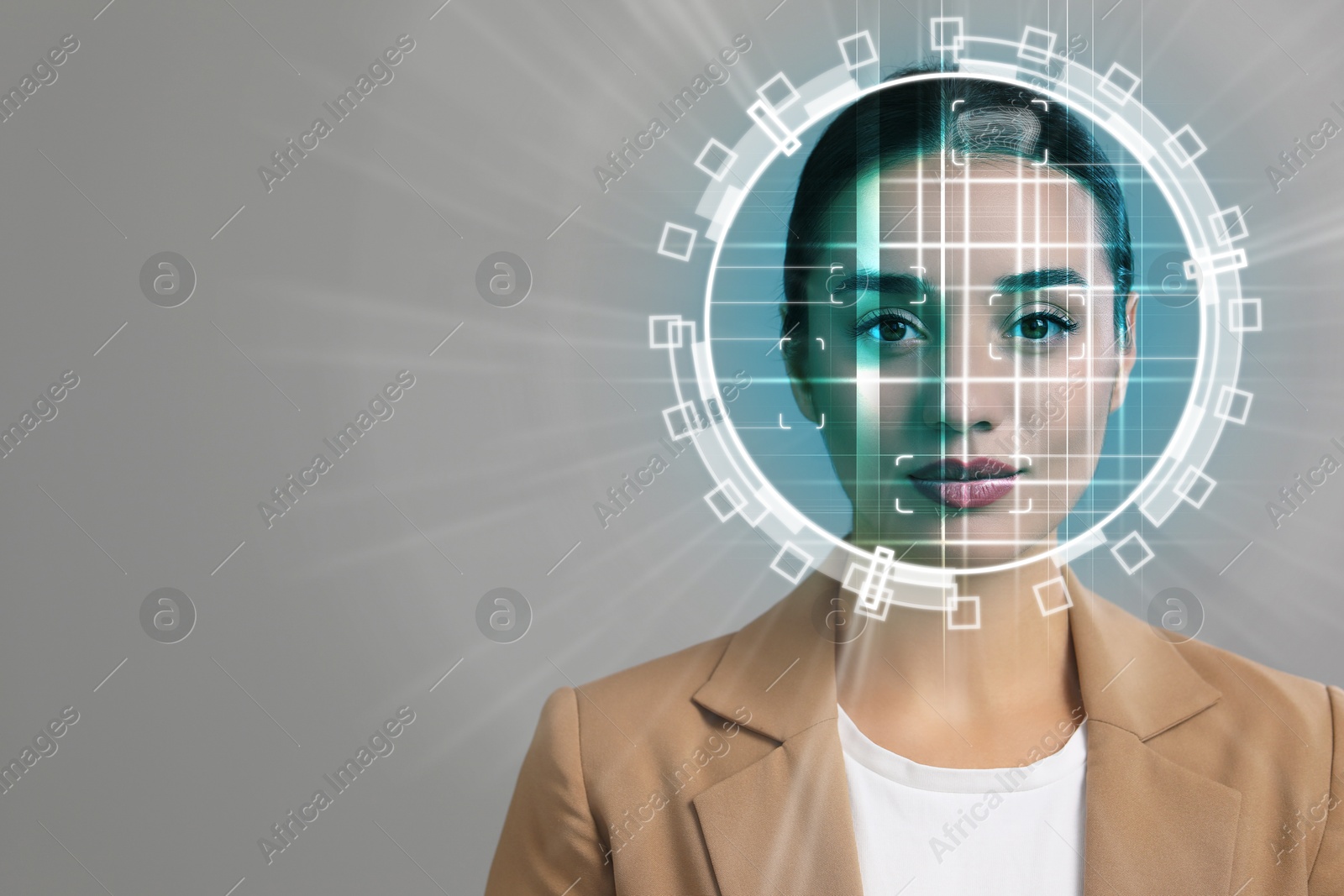 Image of Facial recognition system. Woman undergoing biometric verification on grey background