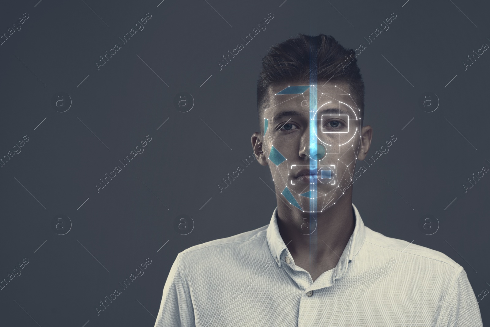 Image of Facial and iris recognition system. Man undergoing biometric verification on grey background