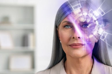 Facial and iris recognition system. Woman undergoing biometric verification at home