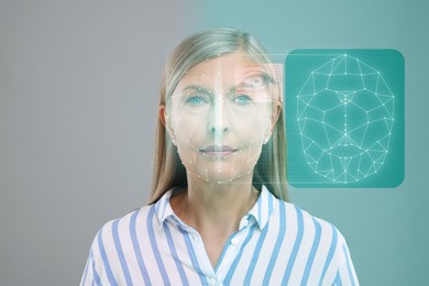 Image of Facial and iris recognition system. Woman undergoing biometric verification on grey background