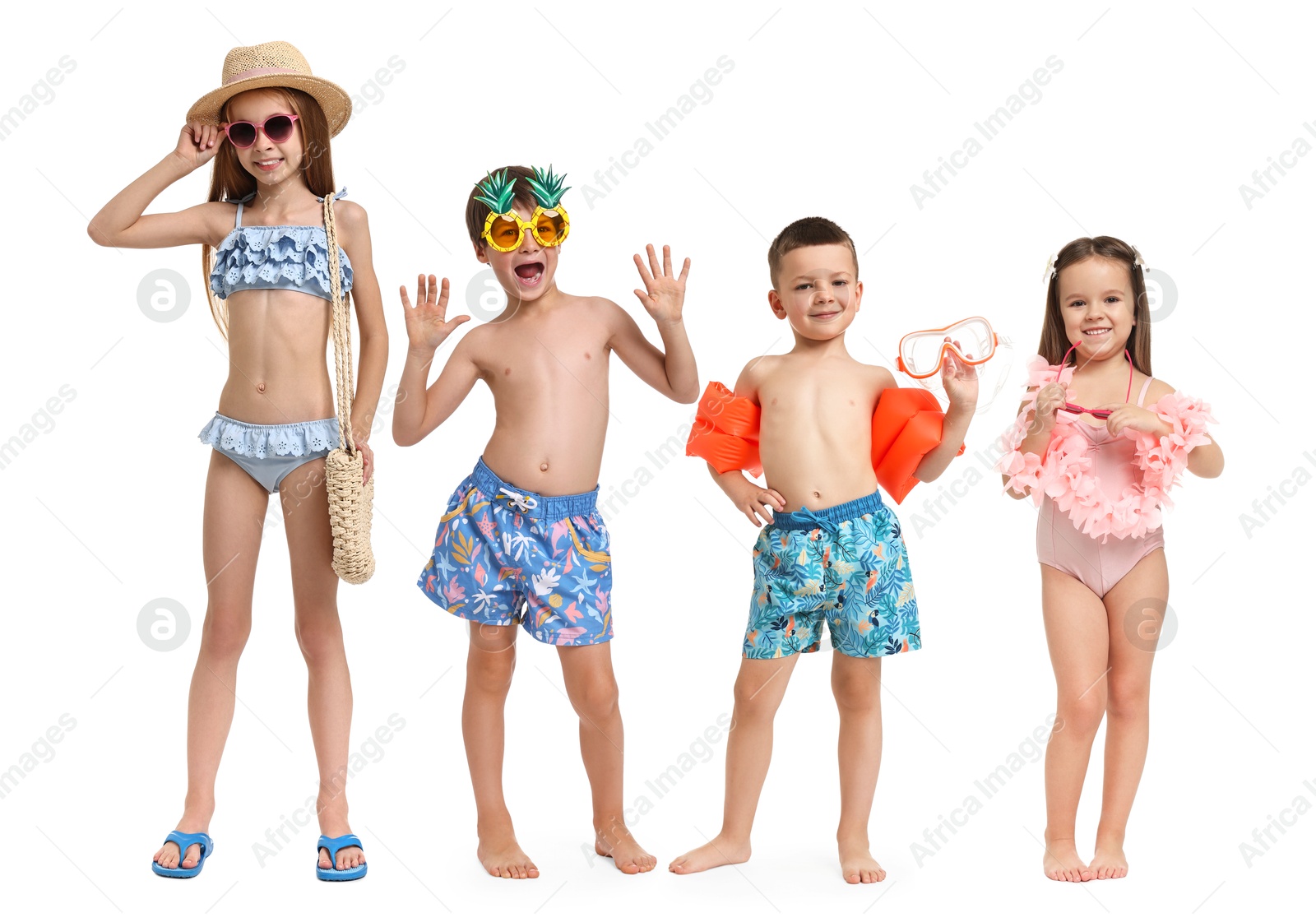 Image of Happy children in different swimwear on white background