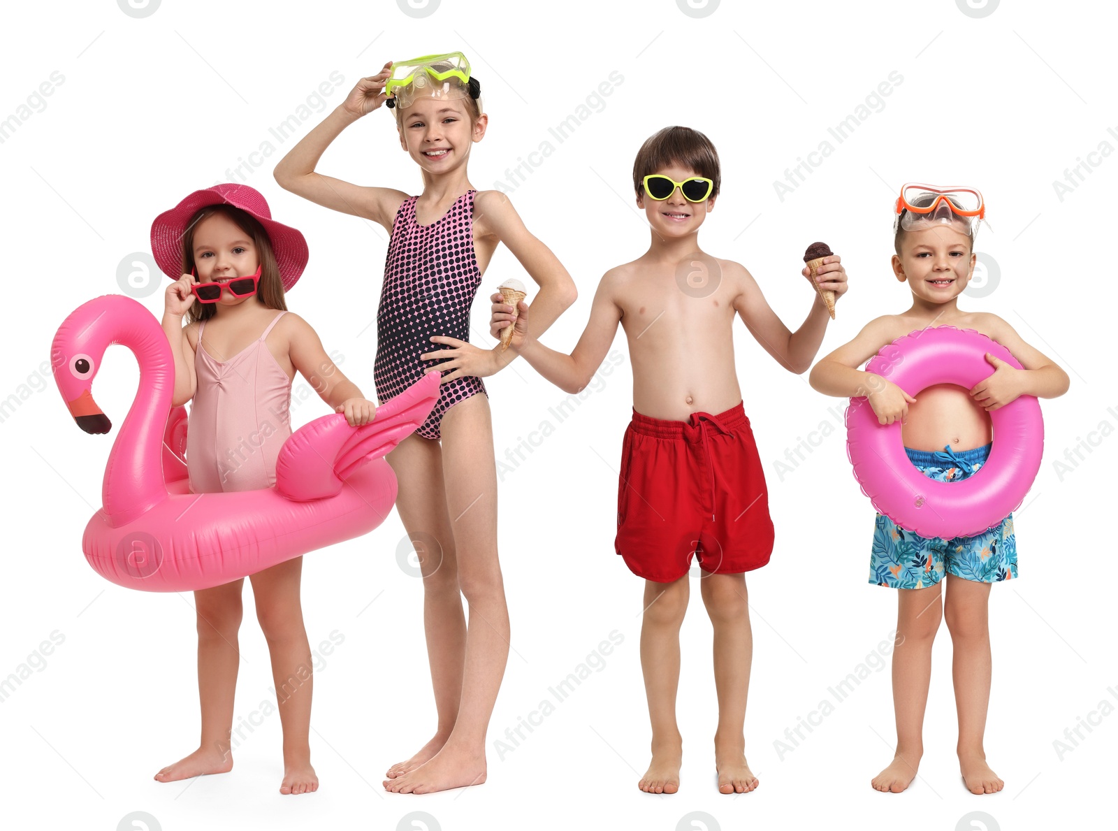 Image of Happy children in different swimwear on white background