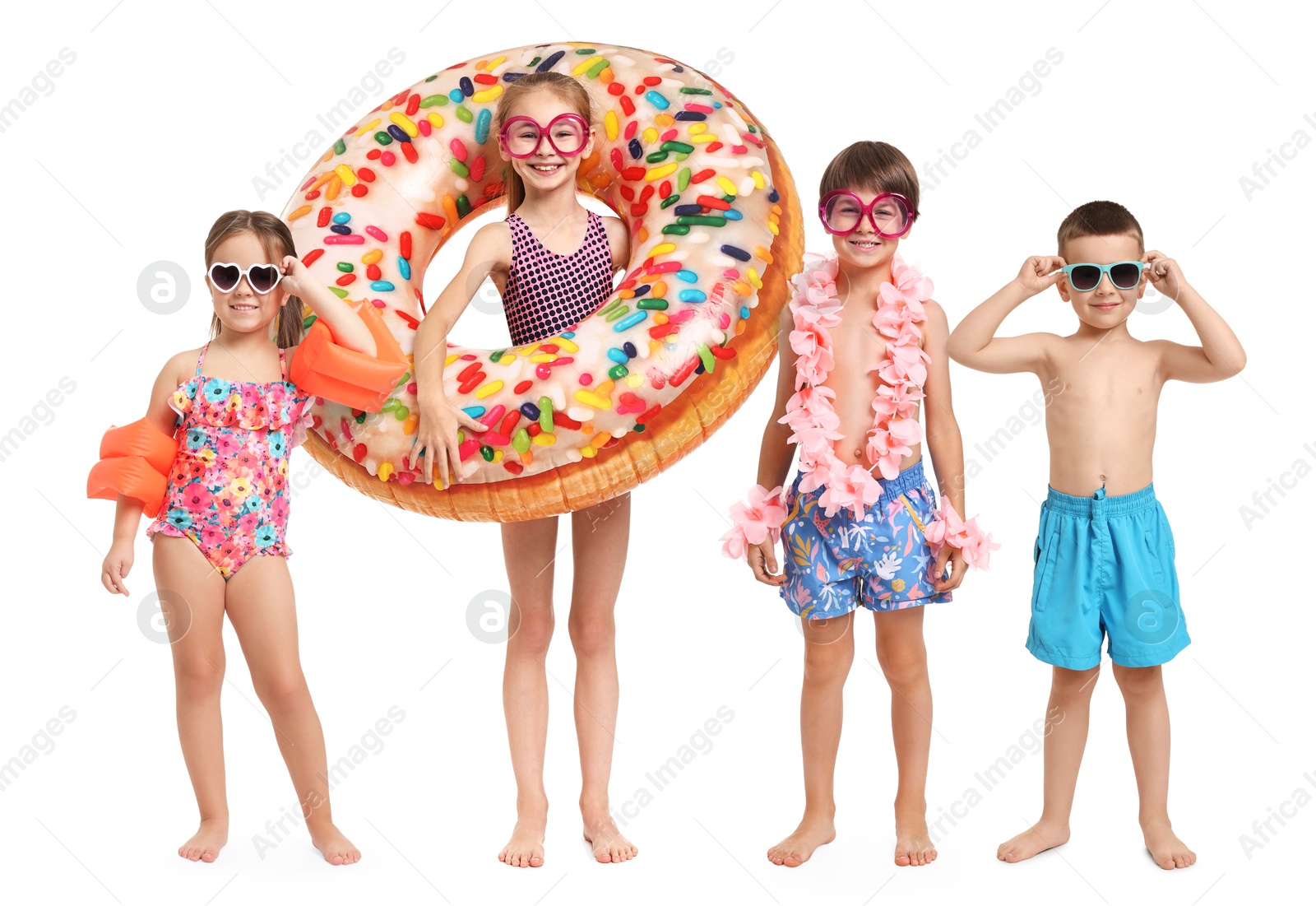 Image of Happy children in different swimwear on white background