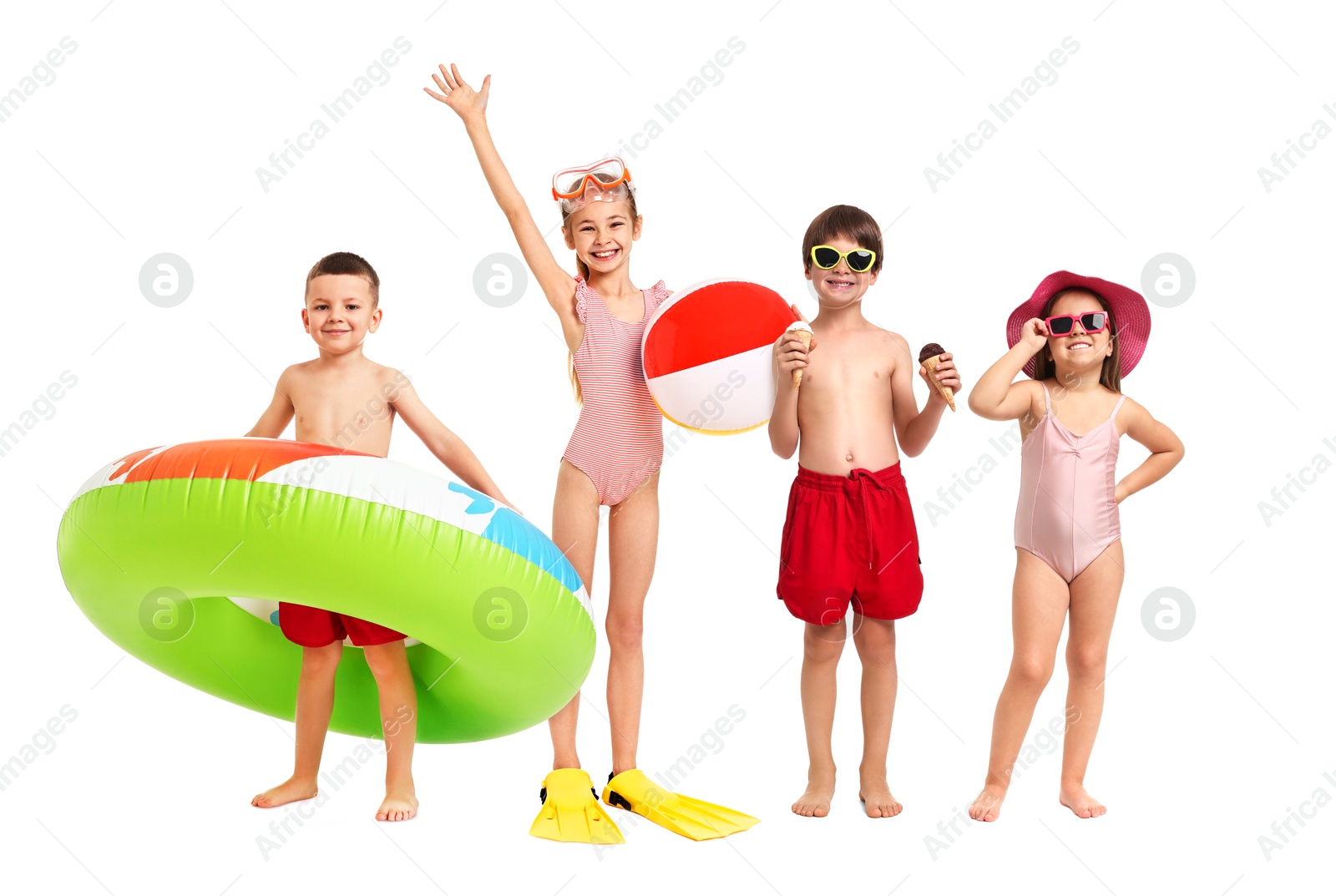 Image of Happy children in different swimwear on white background