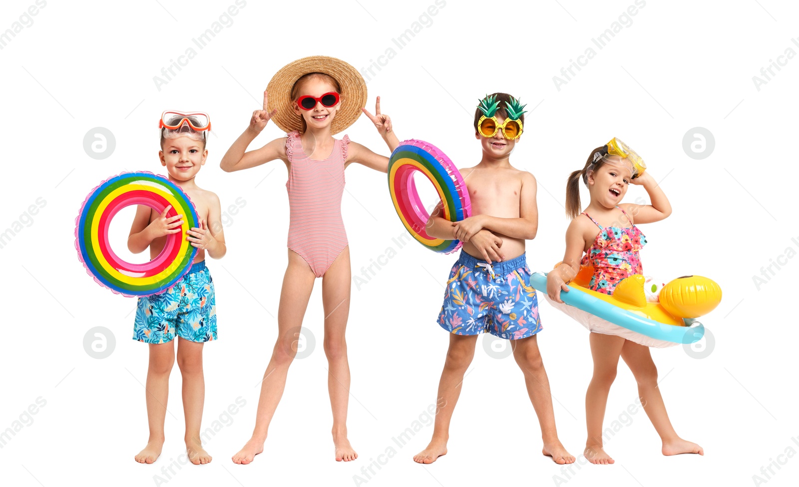 Image of Happy children in different swimwear on white background