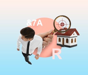 Image of Creative art collage with magnifying glass, house model and man on color background