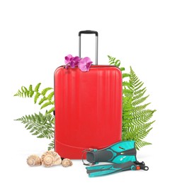 Image of Red travel suitcase, swim fins, seashells, tropical leaves and flowers on white background