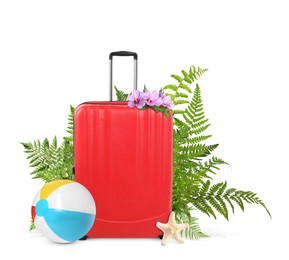 Image of Red travel suitcase, beach ball, sea star, tropical leaves and flowers on white background