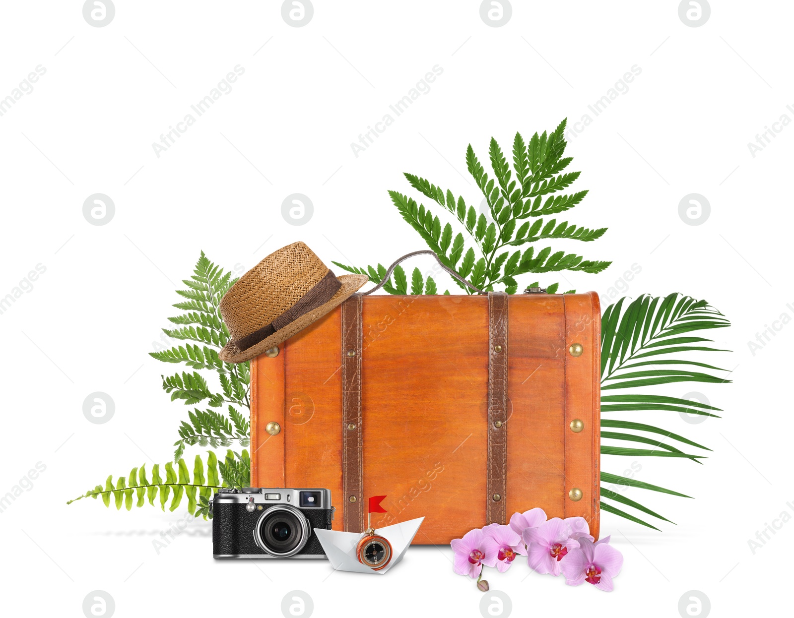 Image of Brown travel suitcase, camera, paper boat, hat, tropical leaves and flowers on white background