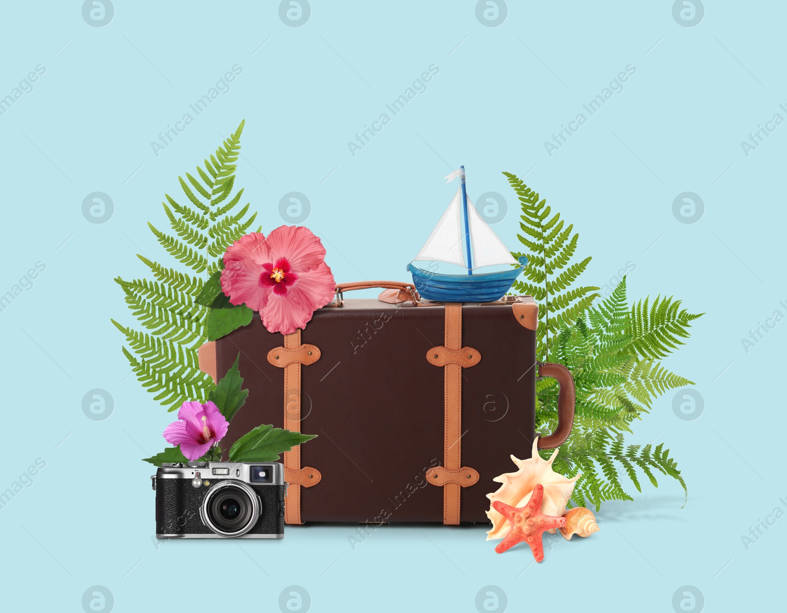 Image of Leather travel suitcase, toy sailboat, seashells, sea star, camera, tropical leaves and flowers on light blue background