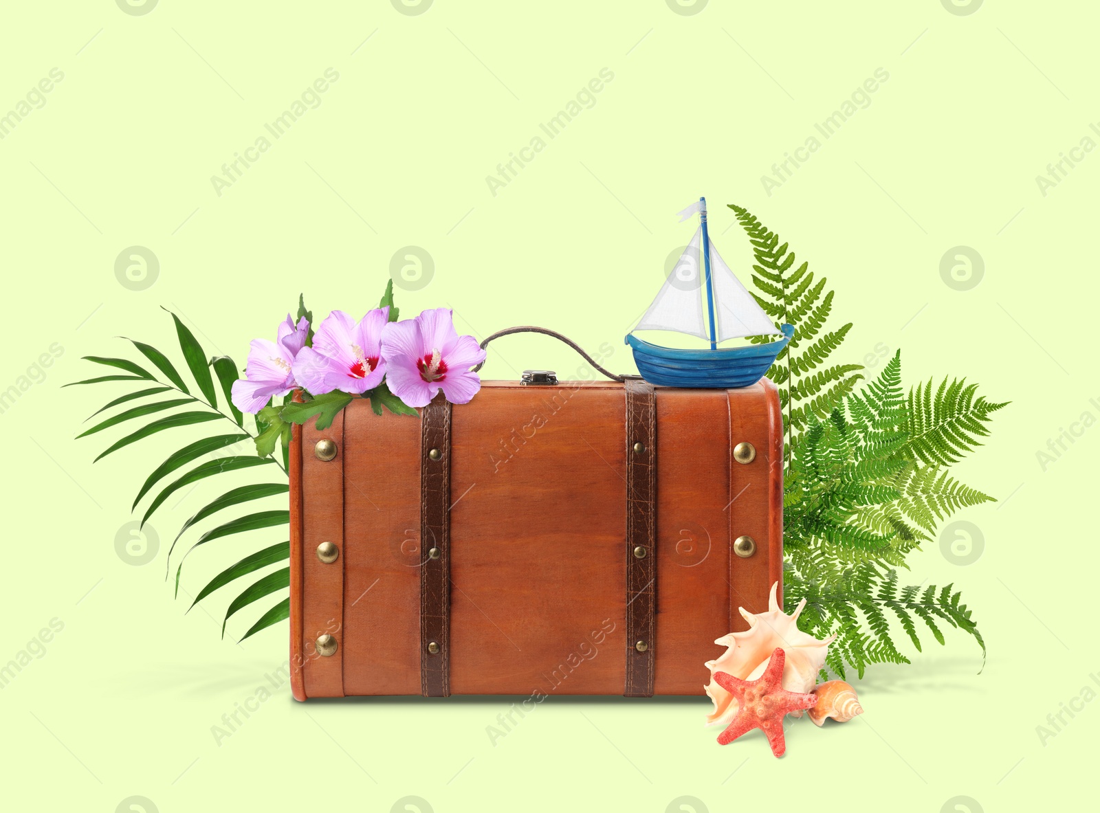 Image of Brown travel suitcase, toy sailboat, sea star, seashells, tropical leaves and flowers on light green background