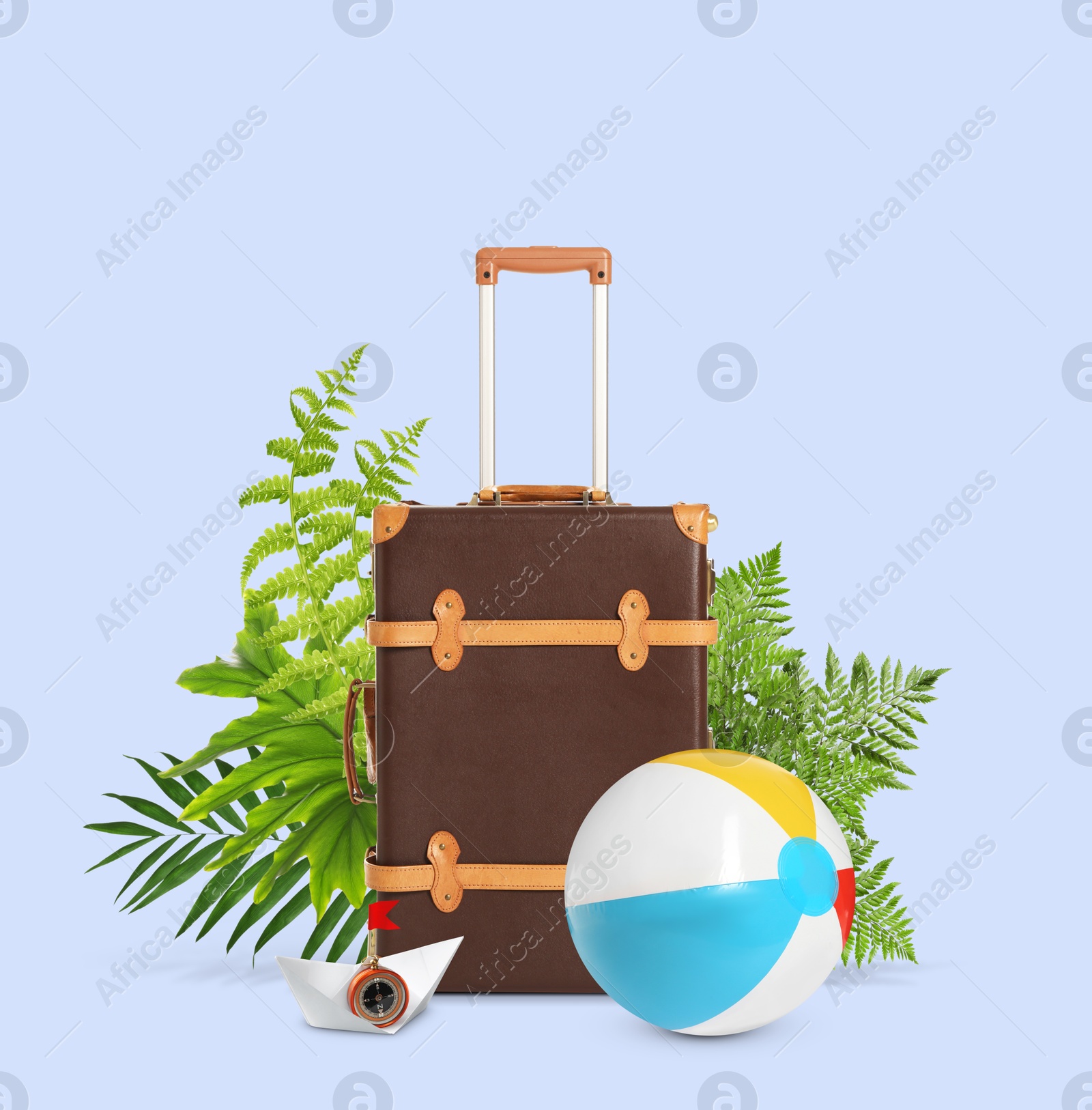 Image of Brown travel suitcase, tropical leaves, beach ball and paper boat with compass on light violet blue background