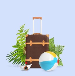 Image of Brown travel suitcase, tropical leaves, beach ball and paper boat with compass on light violet blue background