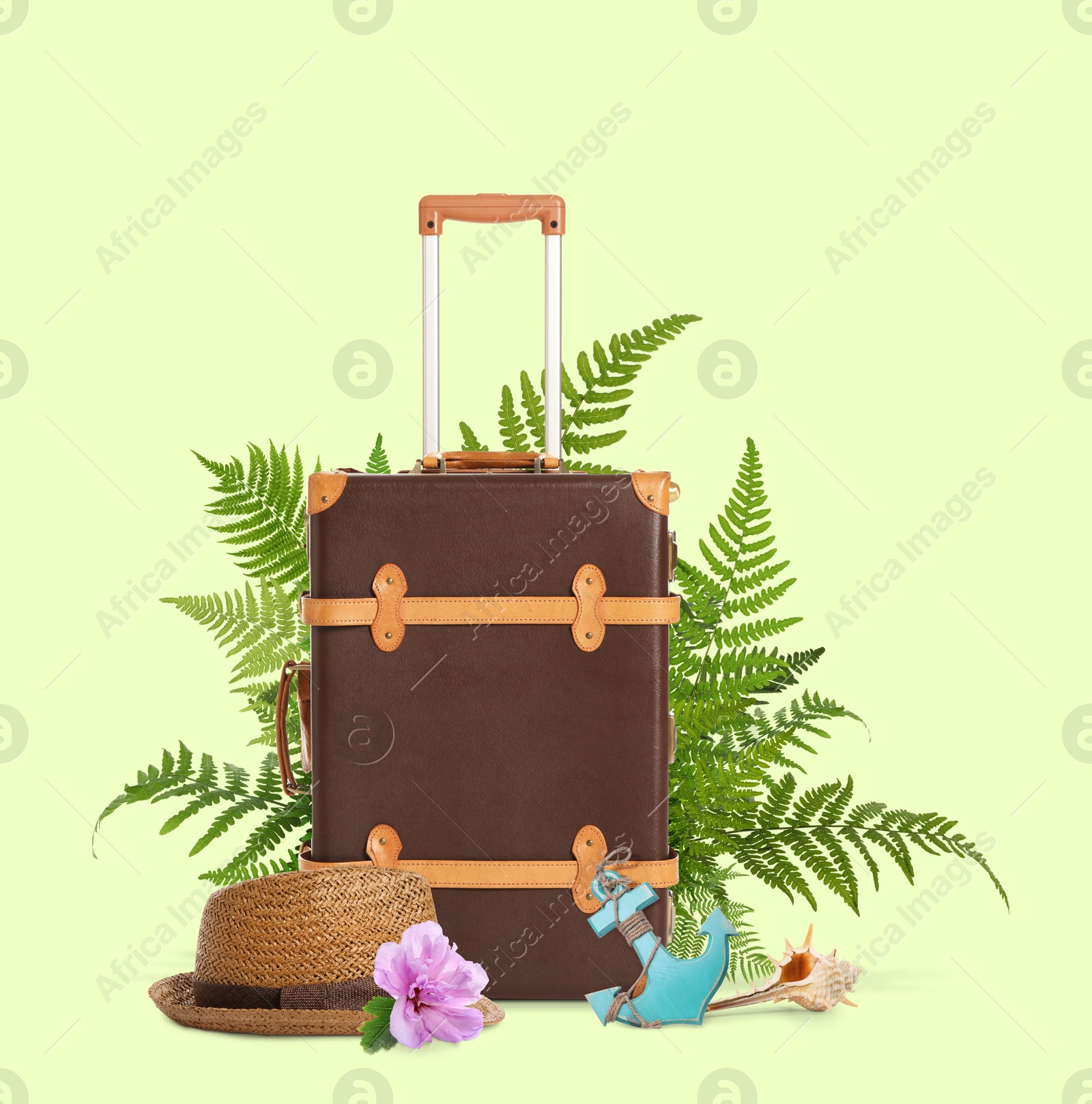 Image of Brown travel suitcase, hat, toy anchor, seashell, tropical leaves and flower on light green background