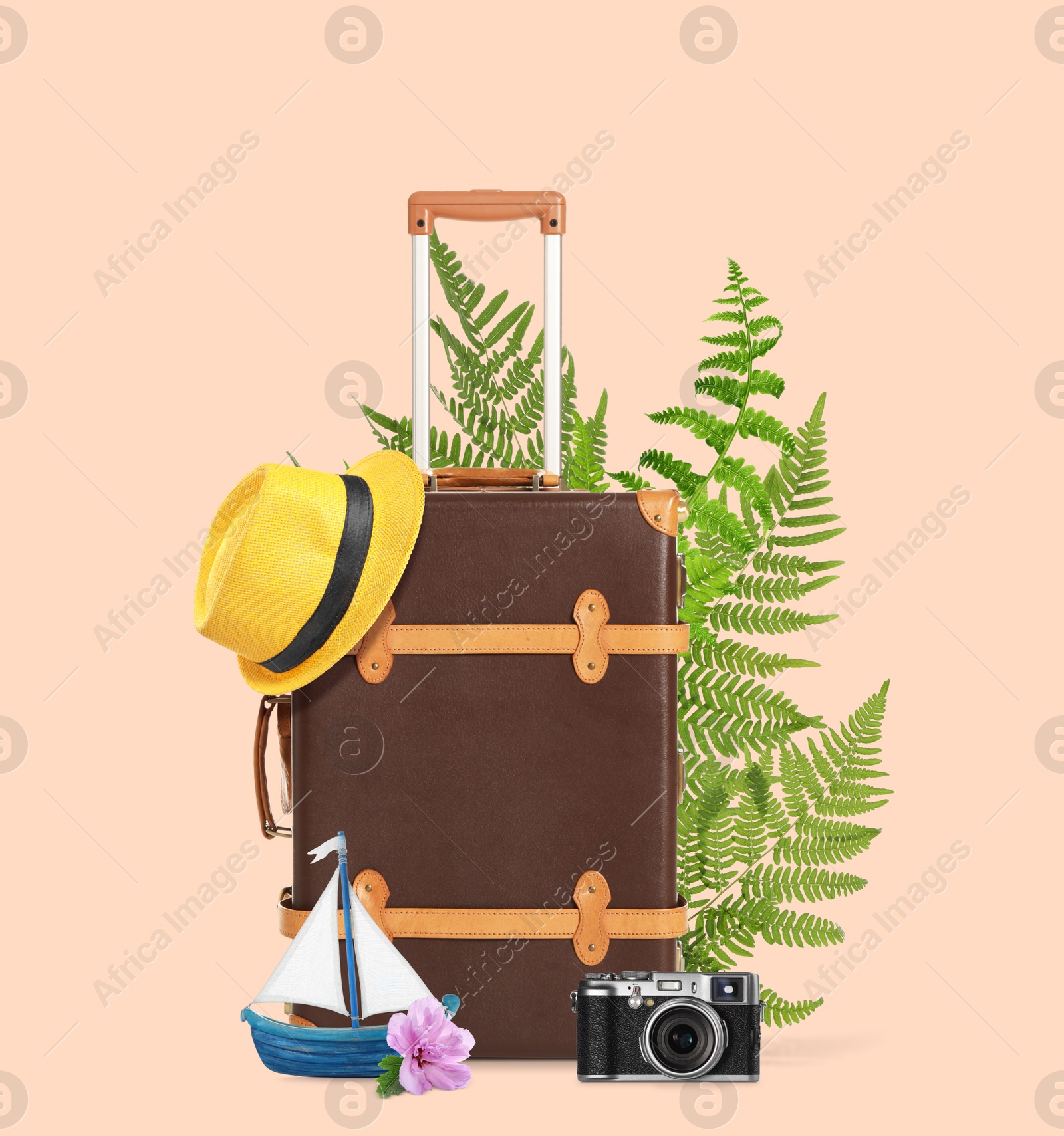 Image of Brown travel suitcase, hat, camera, toy sailboat, tropical leaves and flower on pink beige background