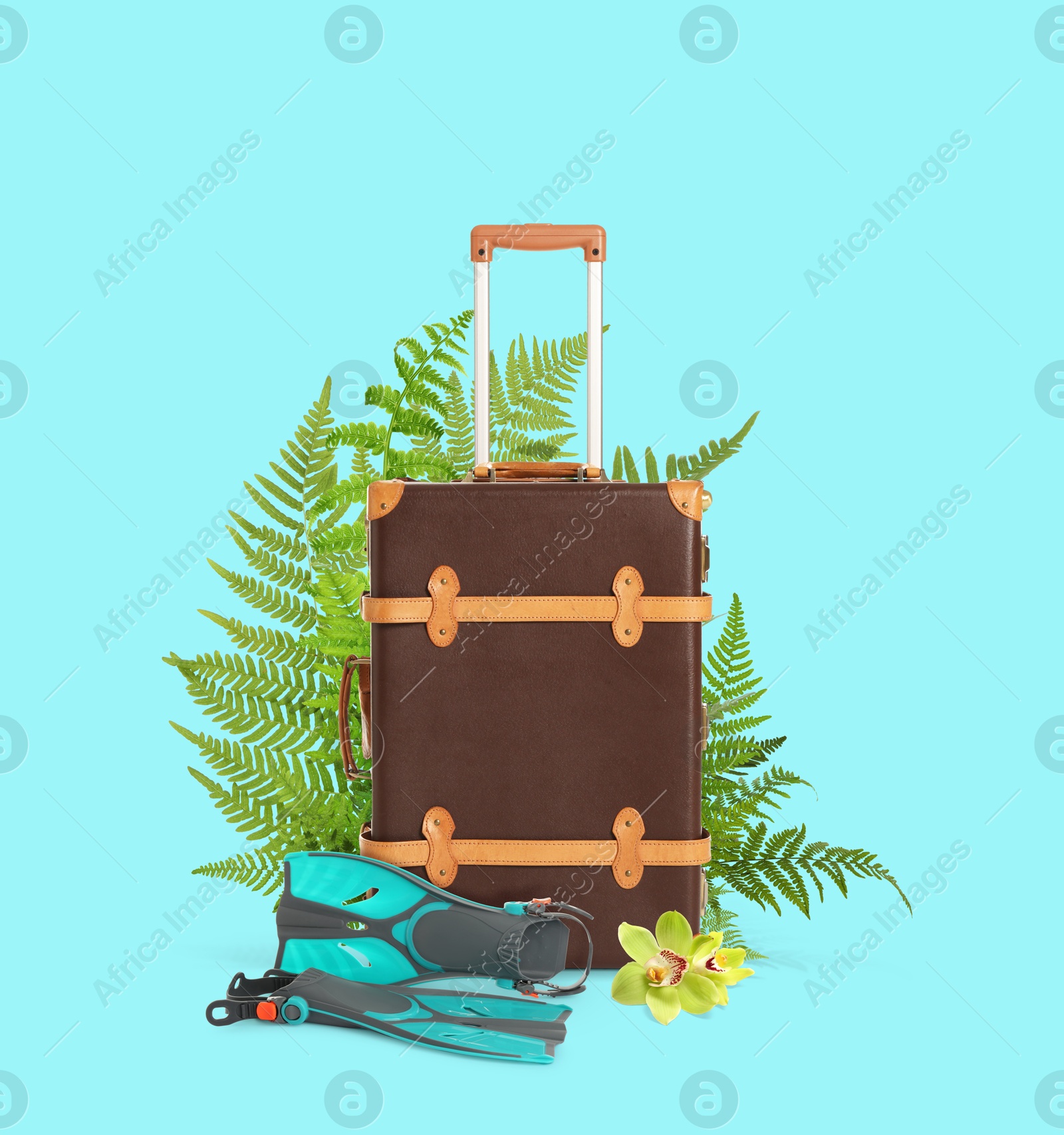 Image of Brown travel suitcase, swim fins, tropical leaves and flower on cyan color background