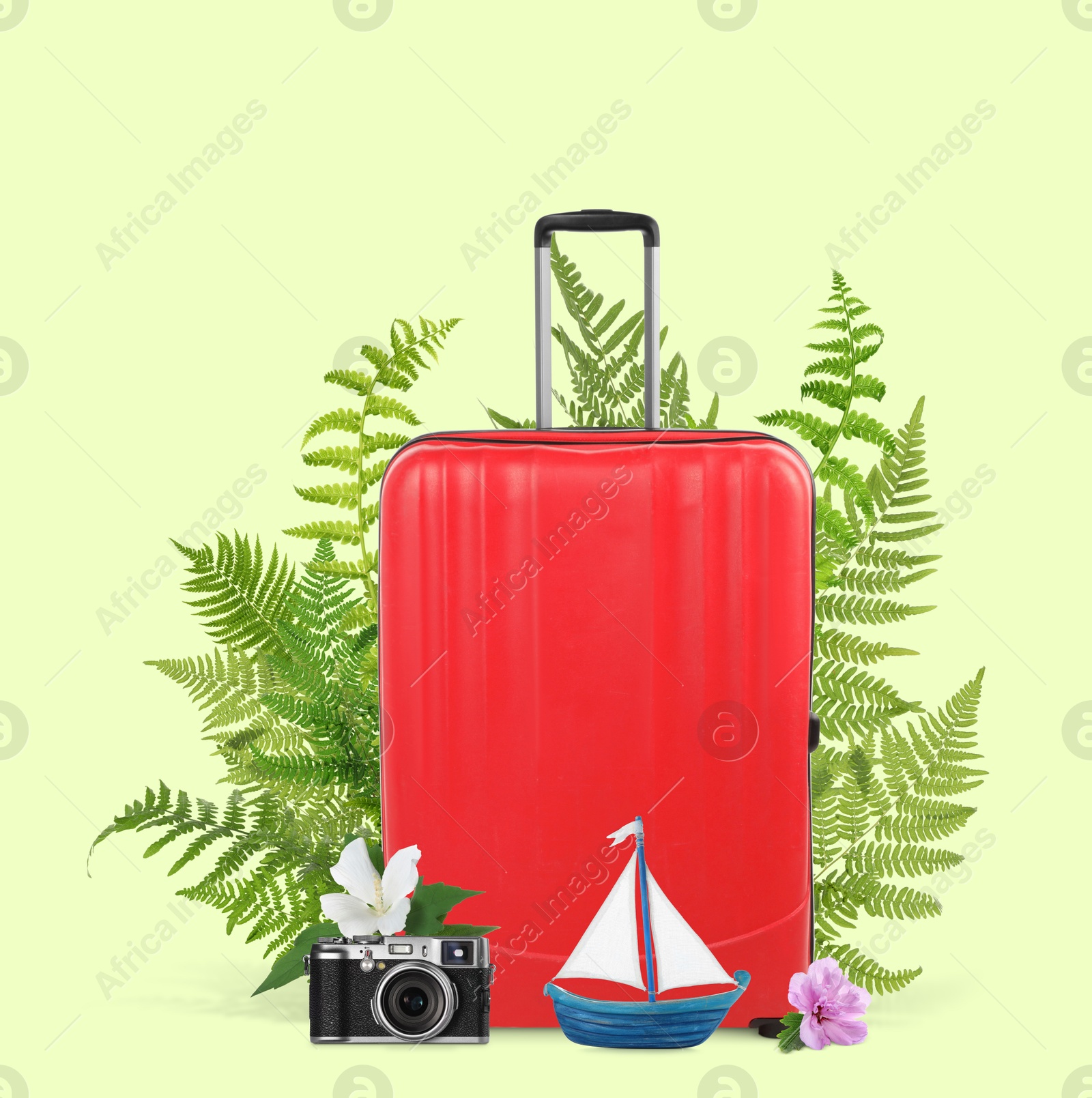 Image of Red travel suitcase, camera, toy sailboat, tropical leaves and flowers on light green background