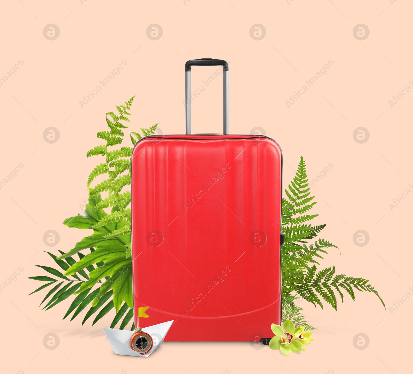 Image of Red travel suitcase, paper boat, tropical leaves and flowers on pink beige background