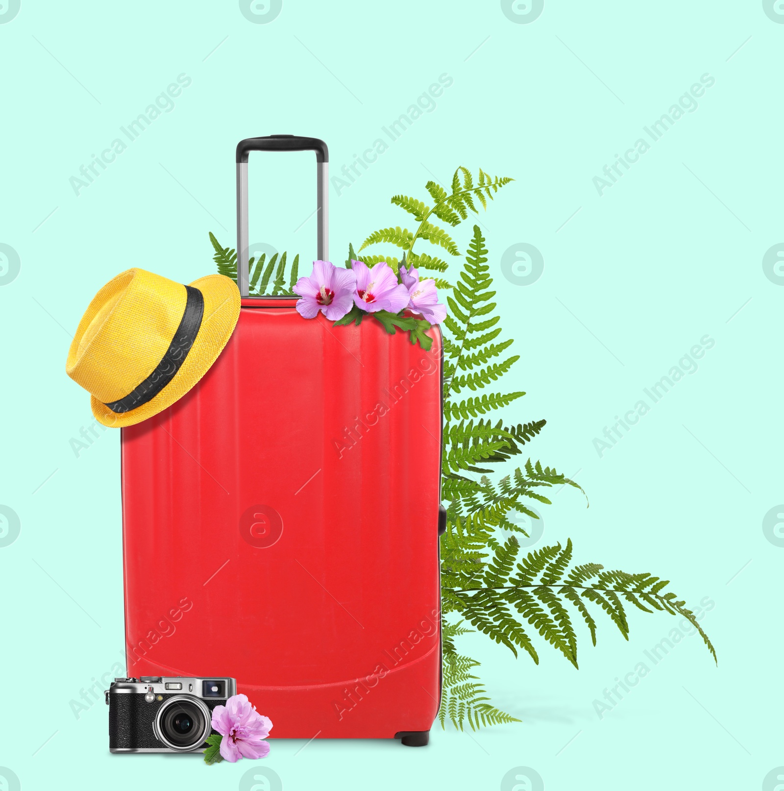 Image of Red travel suitcase, camera, hat, tropical leaves and flowers on light blue background