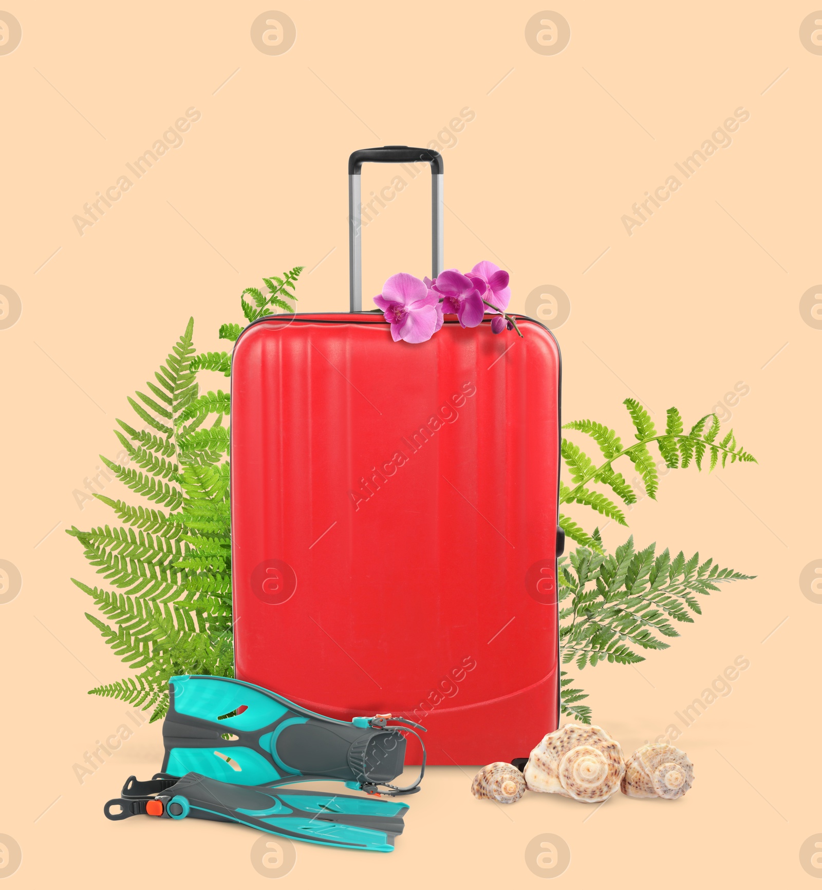 Image of Red travel suitcase, swim fins, seashells, tropical leaves and flowers on pink beige background