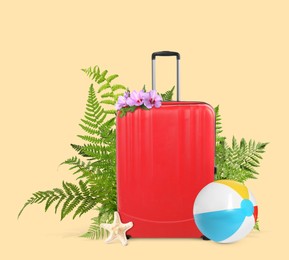 Image of Red travel suitcase, beach ball, sea star, tropical leaves and flowers on beige background