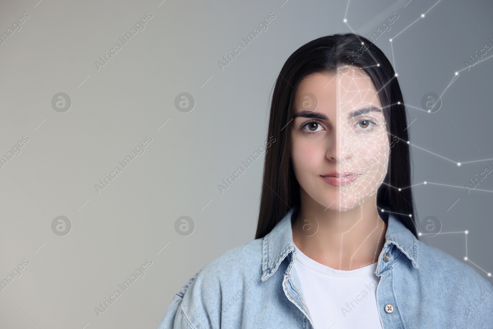 Image of Facial recognition system. Woman undergoing biometric verification on grey background