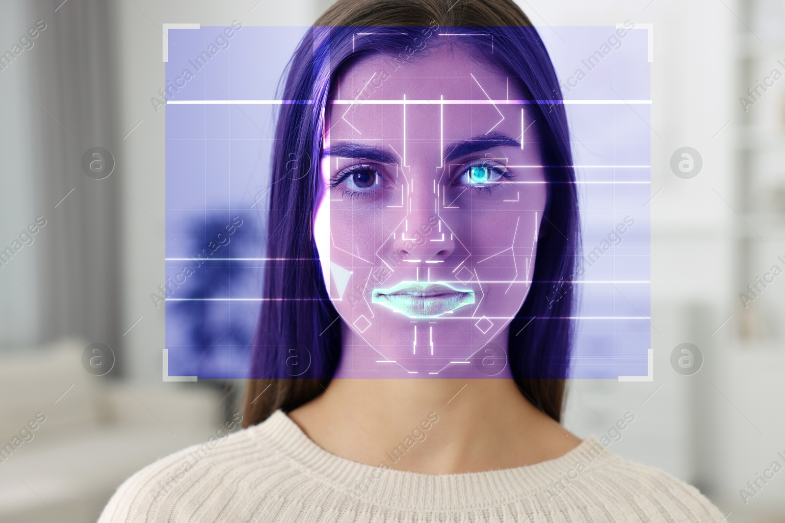 Image of Facial and iris recognition system. Woman undergoing biometric verification at home