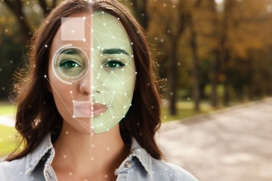 Image of Facial and iris recognition system. Woman undergoing biometric verification outdoors