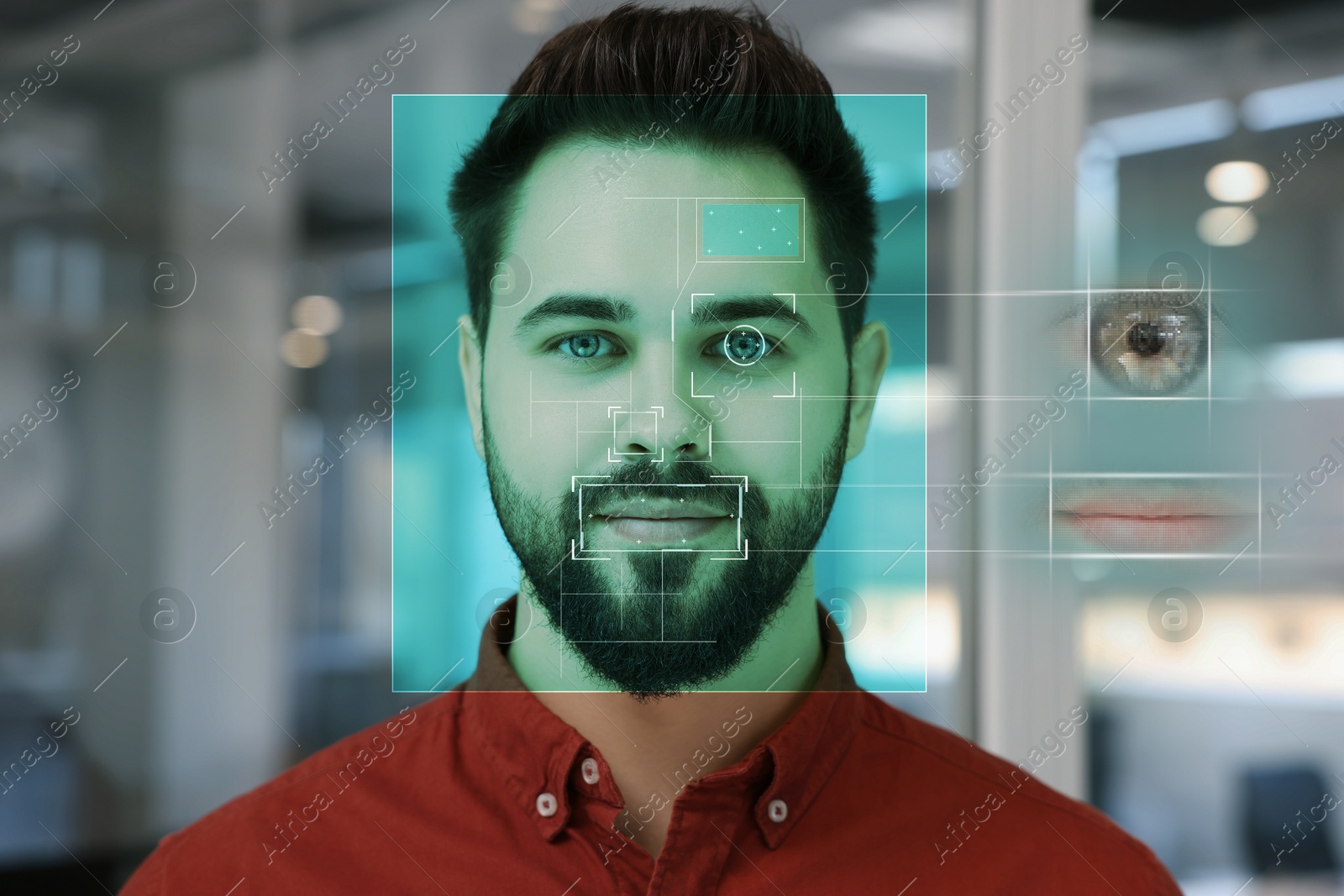 Image of Facial and iris recognition system. Man undergoing biometric verification in office