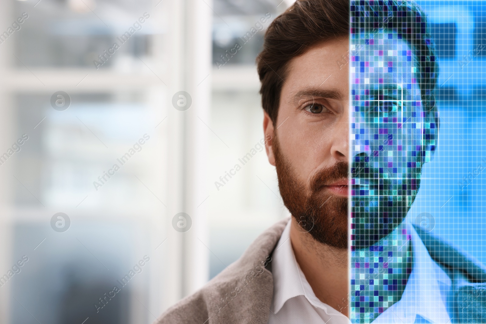 Image of Facial recognition system. Man undergoing biometric verification in office