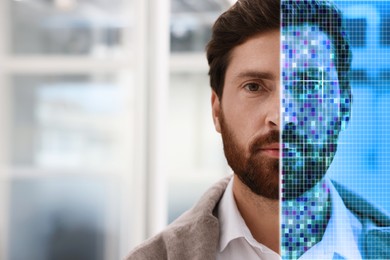 Image of Facial recognition system. Man undergoing biometric verification in office