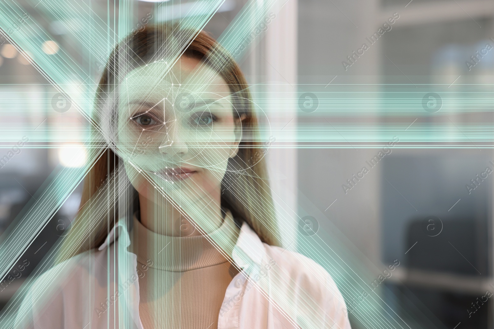 Image of Facial and iris recognition system. Woman undergoing biometric verification in office