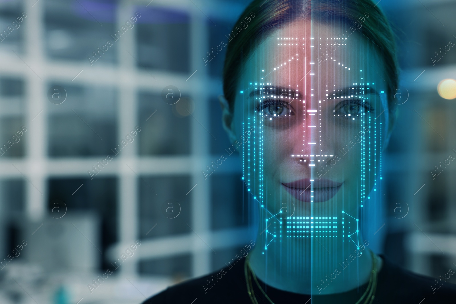 Image of Facial recognition system. Woman undergoing biometric verification in office