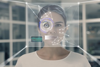 Facial and iris recognition system. Woman undergoing biometric verification in office