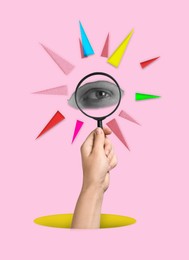 Image of Creative art collage with magnifying glass on pink background