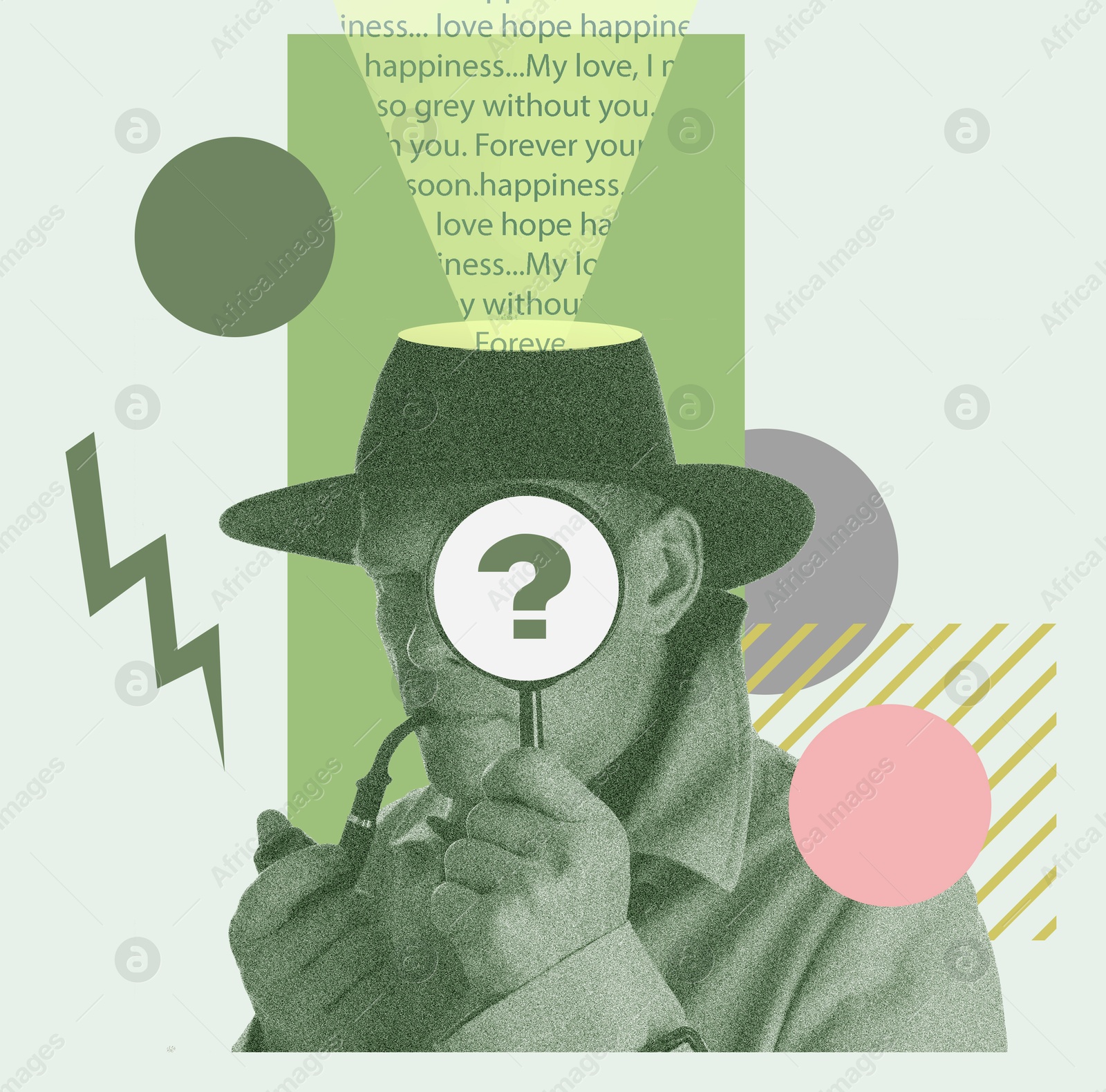 Image of Detective with magnifying glass on color background, creative art collage