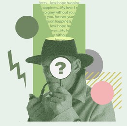 Detective with magnifying glass on color background, creative art collage