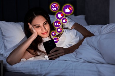 Woman using mobile phone in bed at night. Different notification signs over gadget