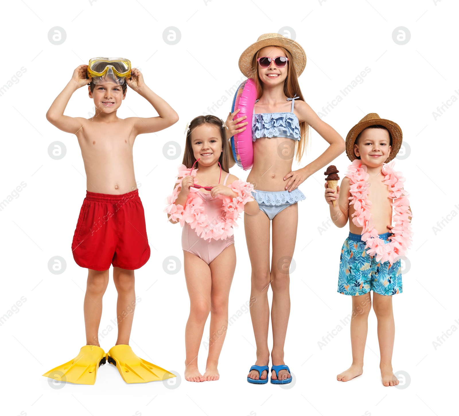 Image of Happy children in different swimwear on white background