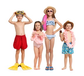 Image of Happy children in different swimwear on white background