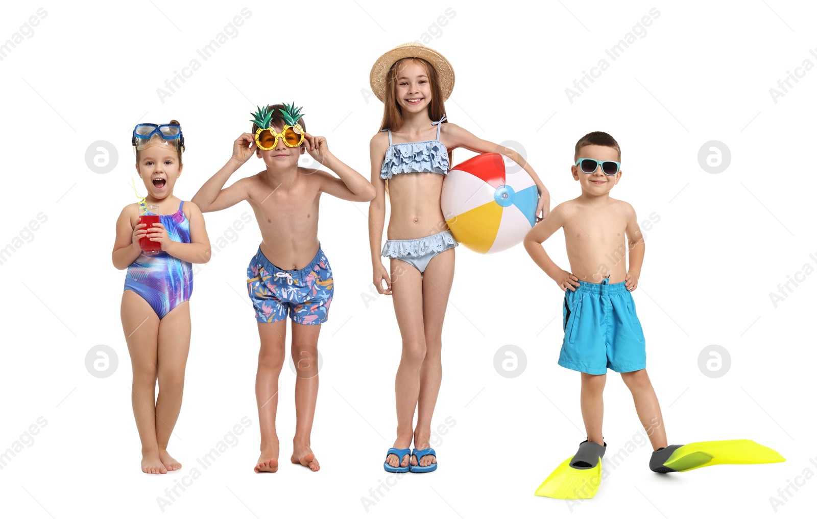 Image of Happy children in different swimwear on white background