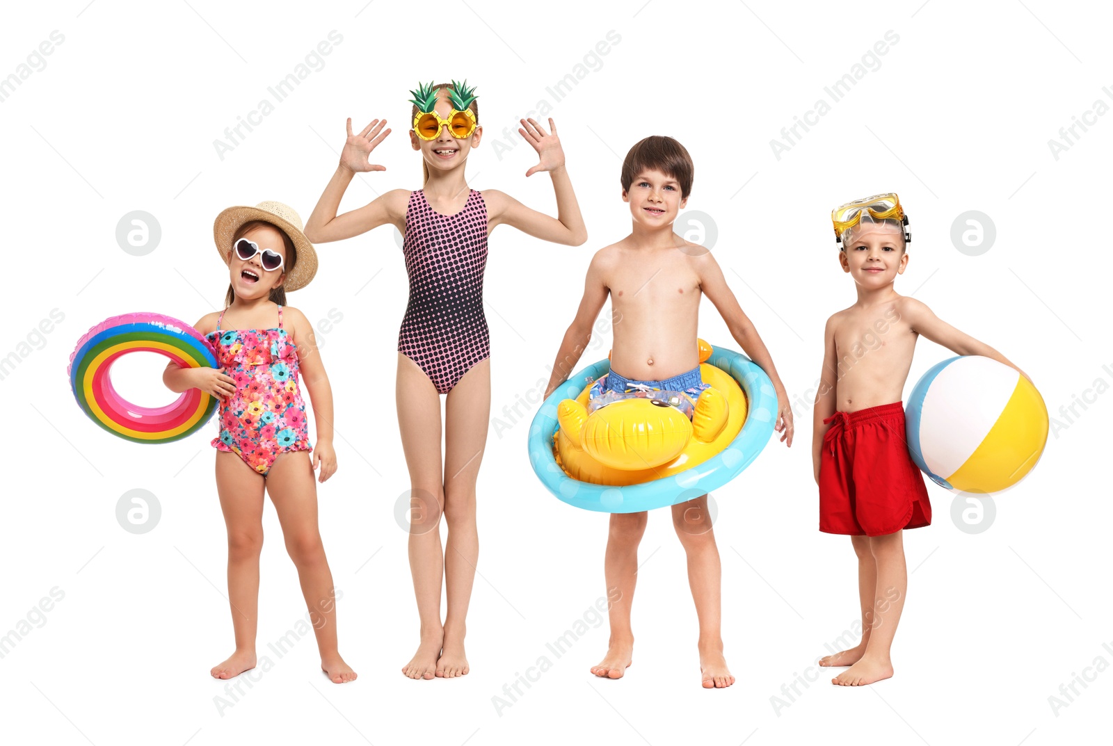 Image of Happy children in different swimwear on white background