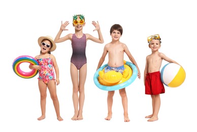 Image of Happy children in different swimwear on white background