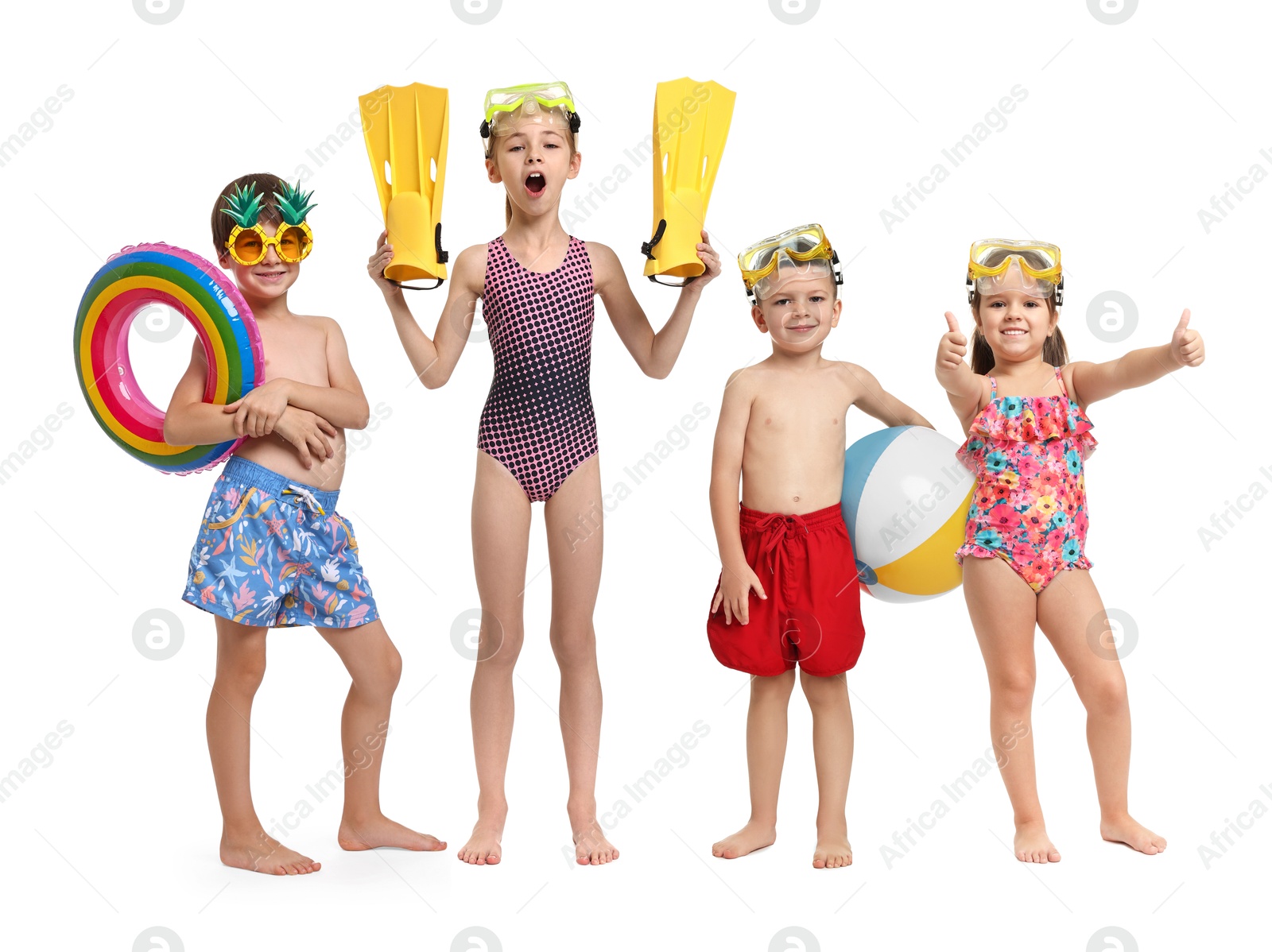 Image of Happy children in different swimwear on white background