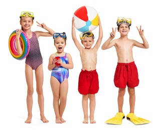 Image of Happy children in different swimwear on white background