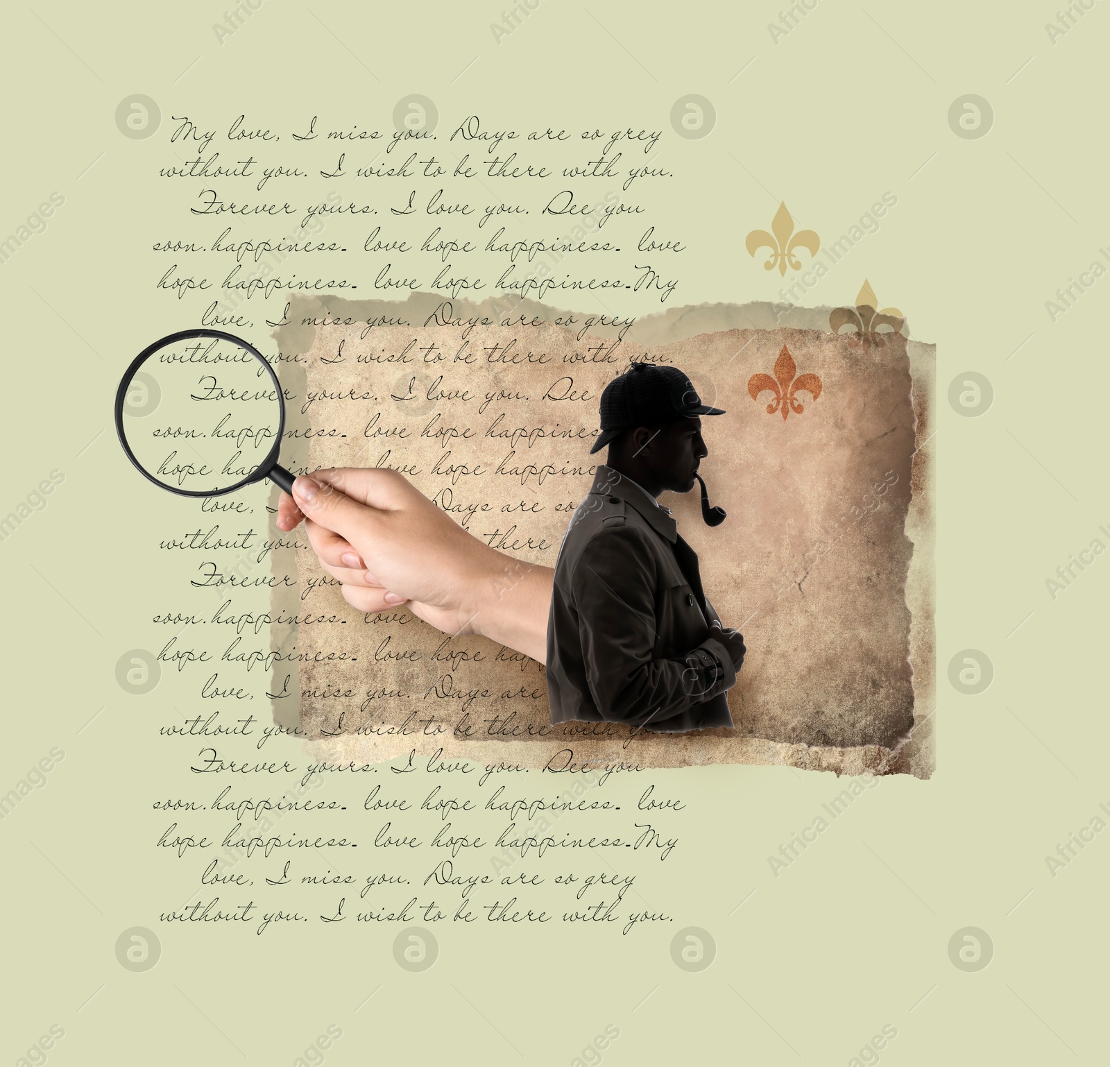 Image of Detective, letter, woman with magnifying glass on color background, creative art collage