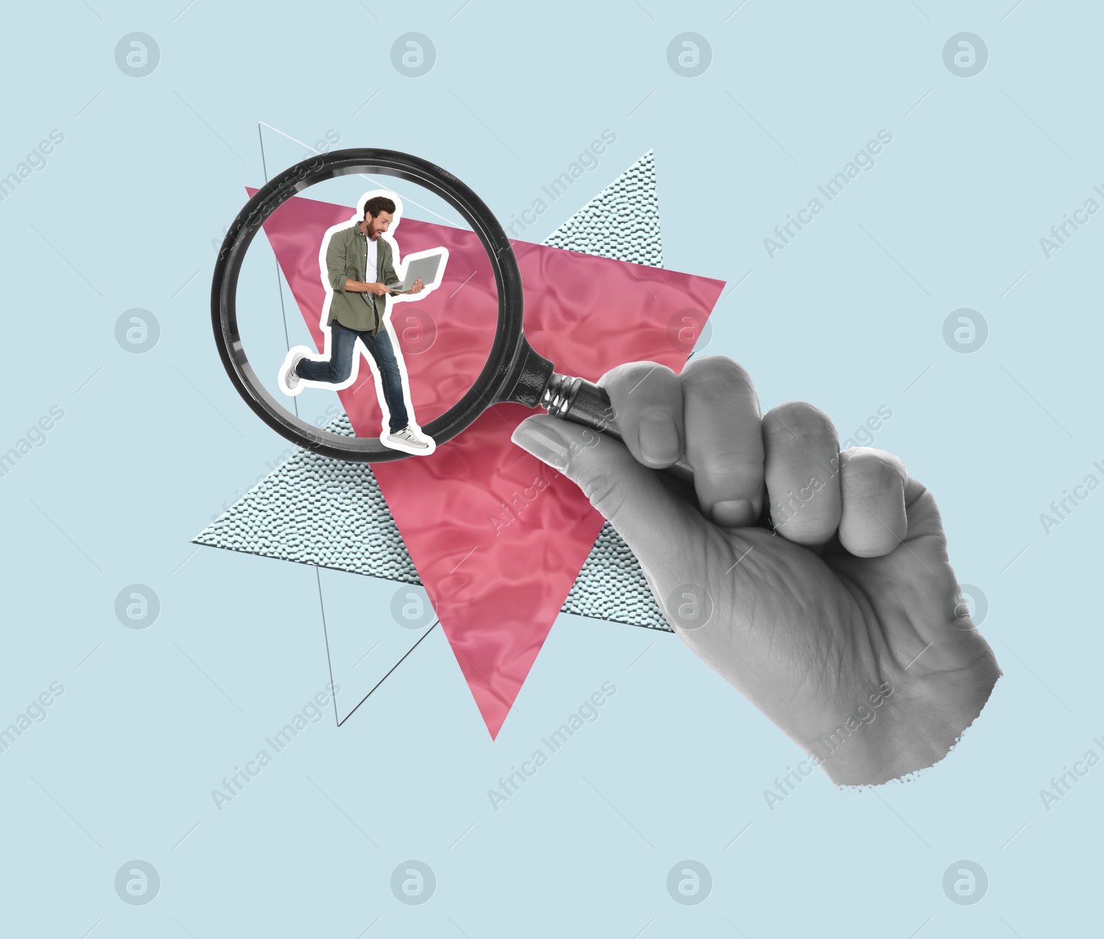 Image of Woman's hand holding magnifying glass with man inside on light blue background, creative art collage