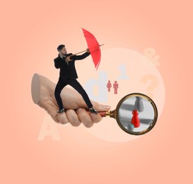 Creative art collage with magnifying glass and businessman on peach color background